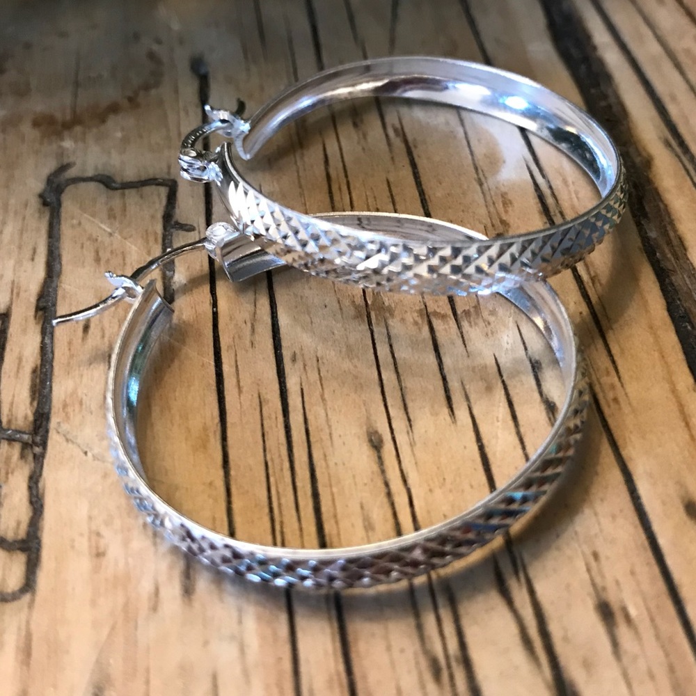 Medium beveled .925 Silver Hoops